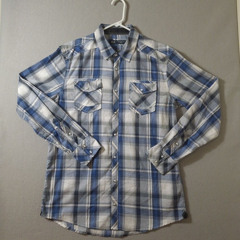 BKE Shirt Mens L Blue Gray Plaid Flannel Pearl Snap Western Athletic Fit